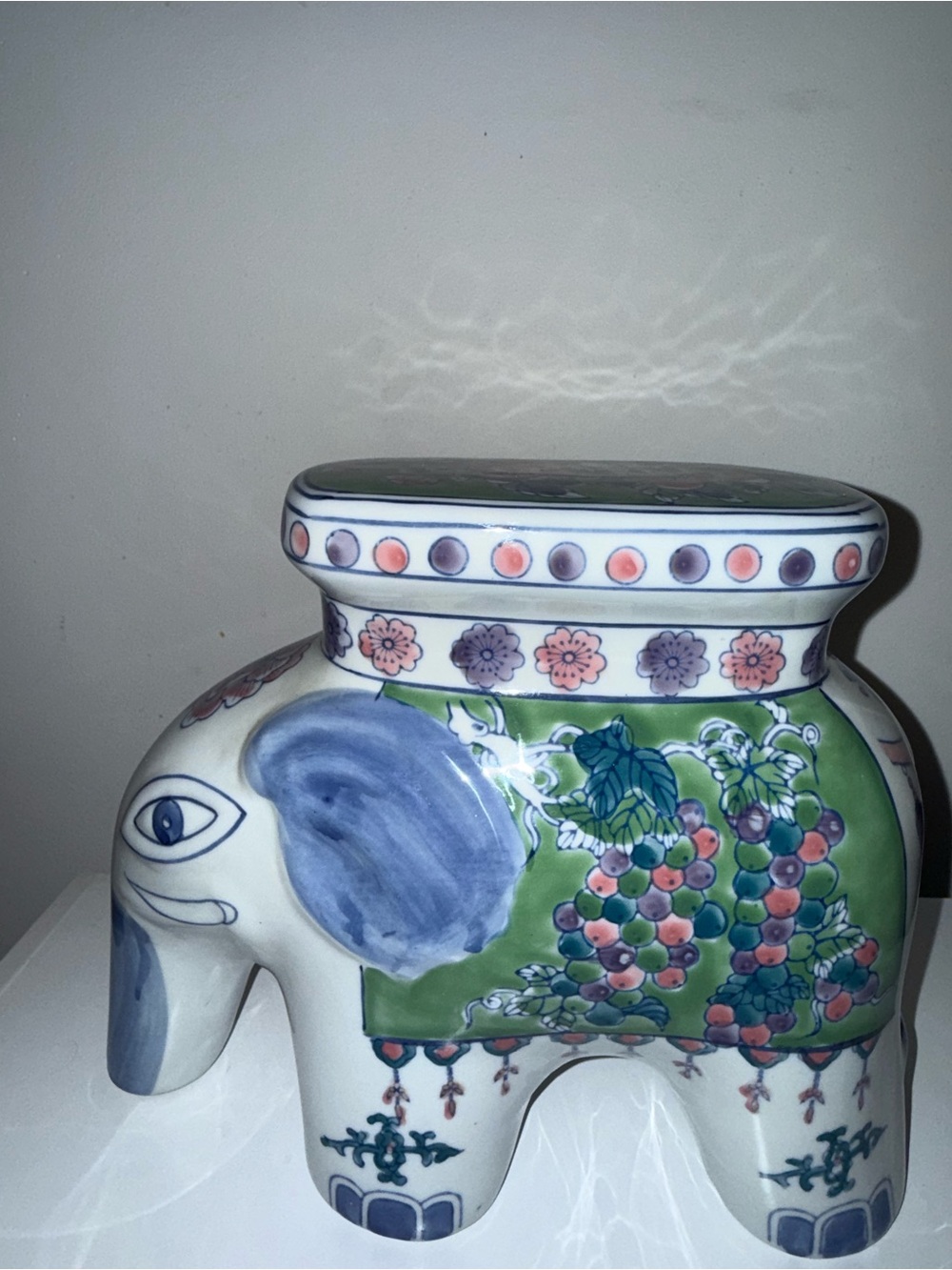 Vintage Porcelain Elephant Plant Stool with Blue, Green and Pink Floral Design